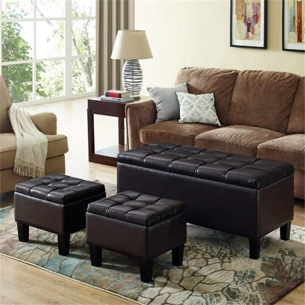 44 Inch Wide Rectangle 3 Pc Storage Ottoman In Tanners Brown Faux Leather