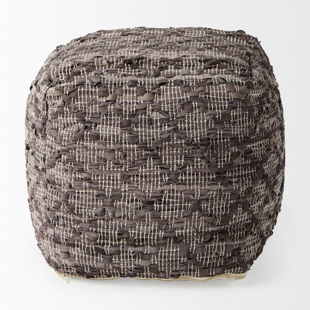 Falguni 16Lx16Wx16H Gray Leather and Cotton Patterned Pouf