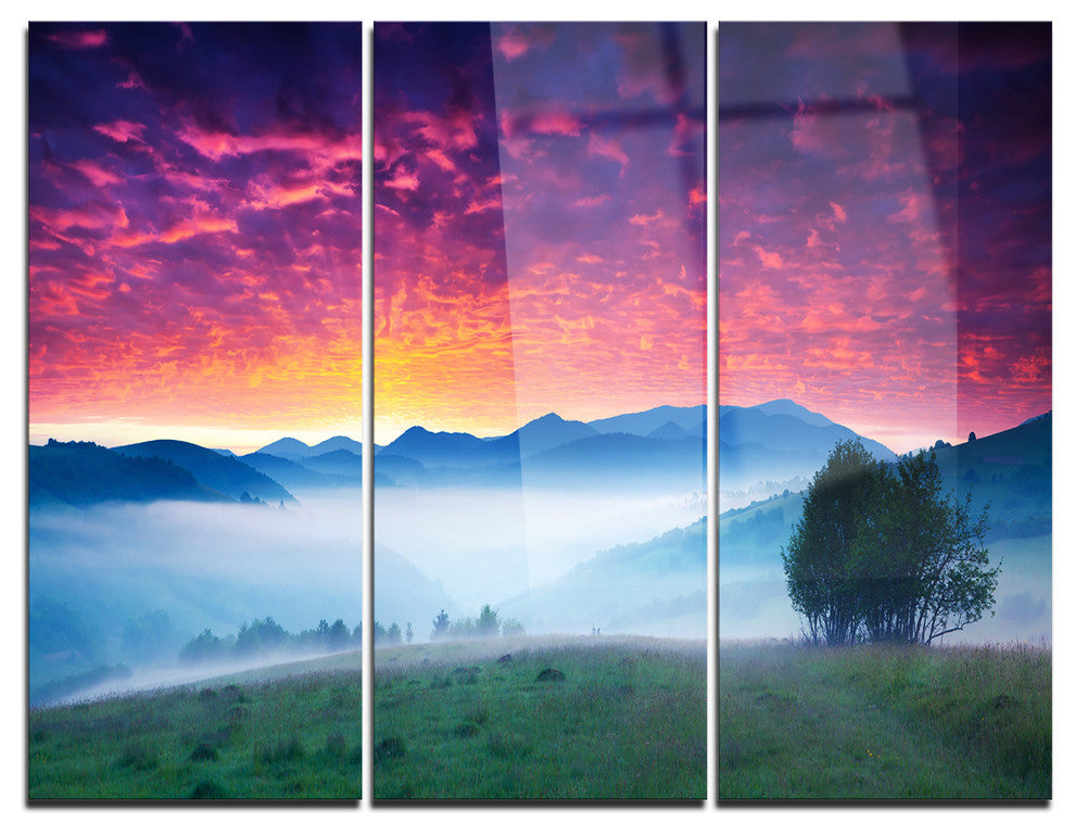 "Blood Red Sky and Green Grass" Photo Metal Wall Art, 3 Panels, 36"x28"