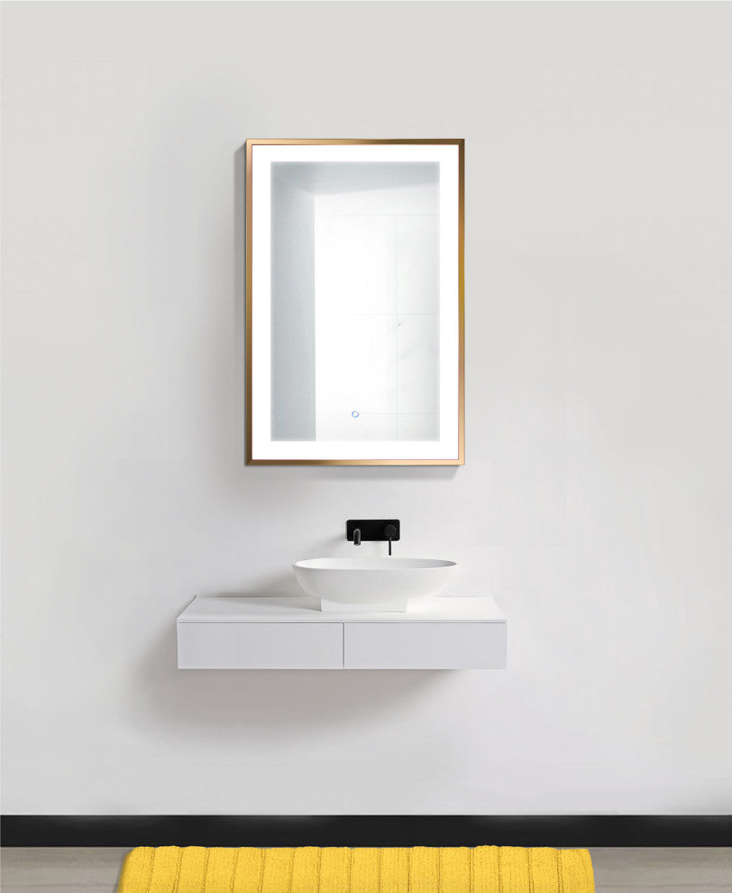 LED Lighted Bathroom Frame Mirror With Defogger, Gold, 24"x36"