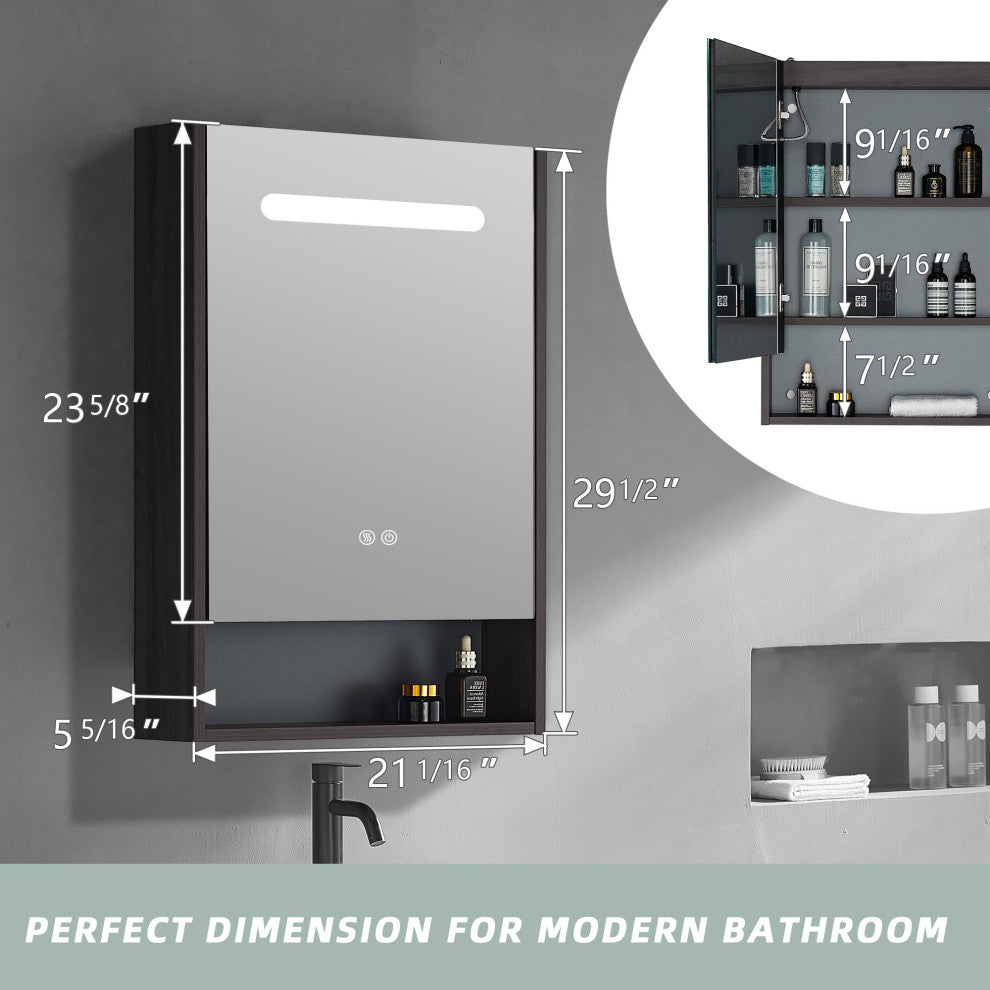 30" x 21" Wood Framed Surface Mount Medicine Cabinet With LED Lights and Shelves