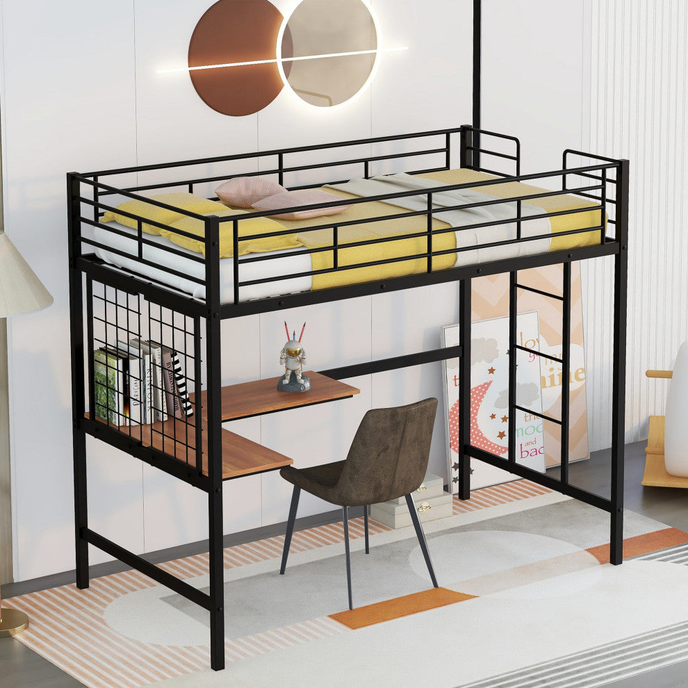 TATEUS Metal Loft Bed With Desk, Sturdy Metal Frame Guardrails Work and Play, Black, Twin