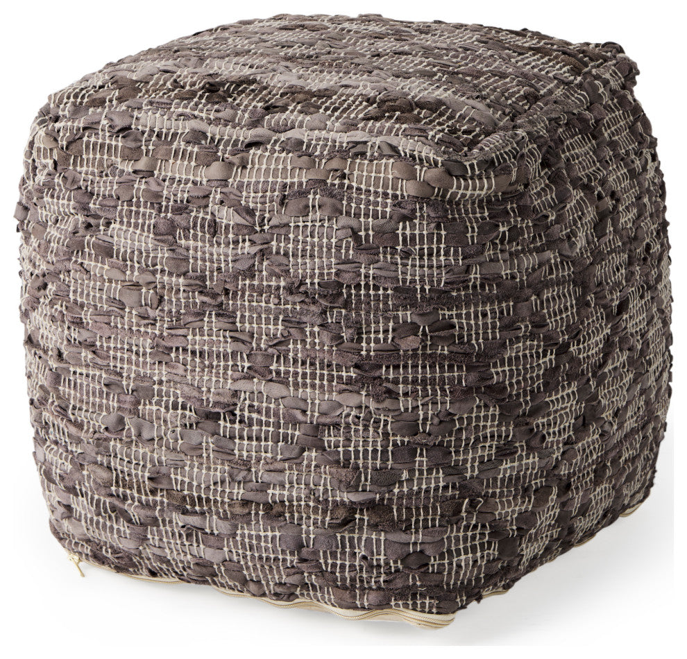 Falguni 16Lx16Wx16H Gray Leather and Cotton Patterned Pouf