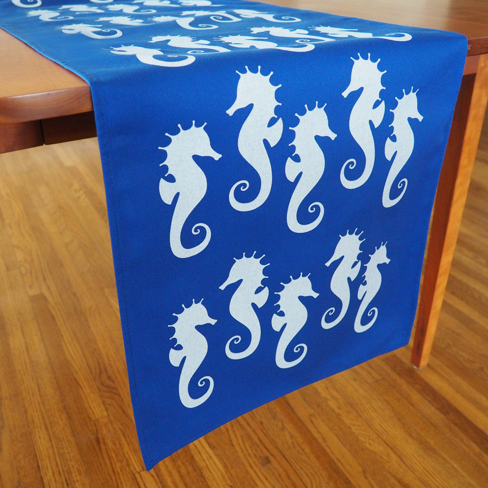 Seahorse Eco Coastal Table Runner, 16"x90", Blue