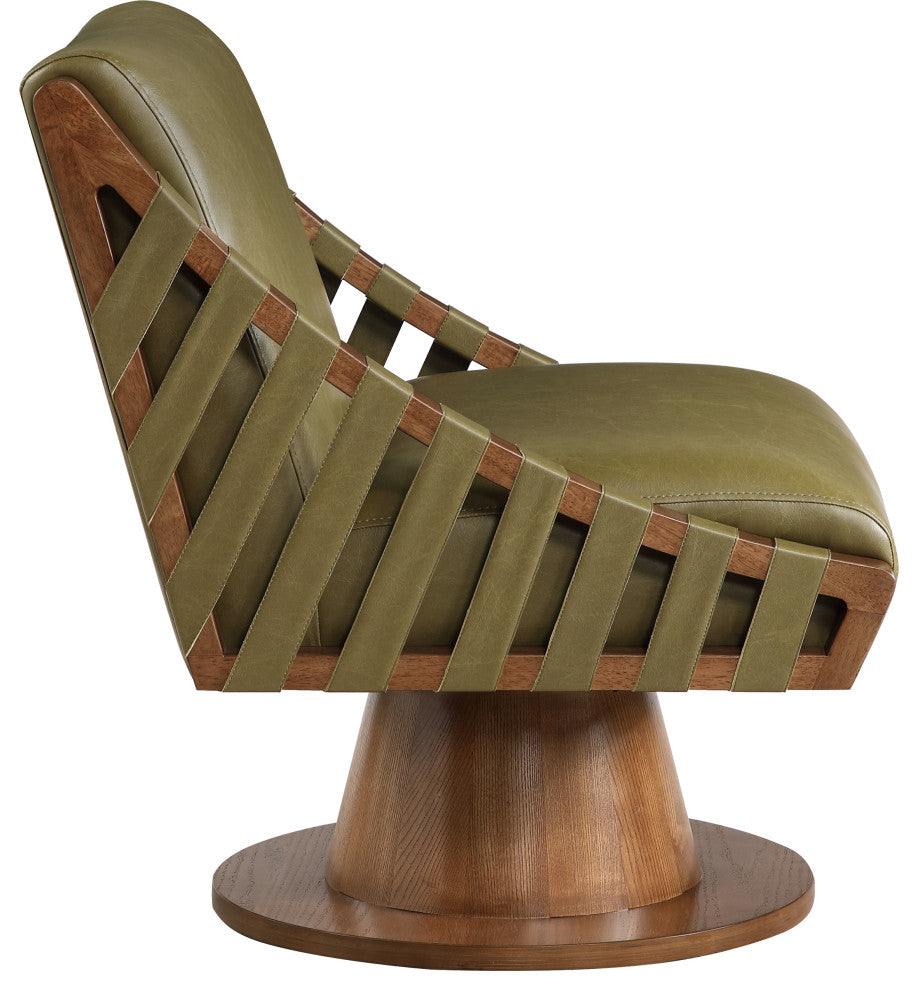 Millwin Upholstered Swivel Accent Chair, Olive, Vegan Leather, Walnut Finish