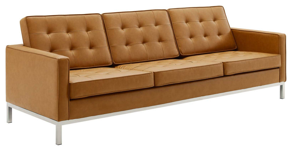 Loft Tufted Upholstered Faux Leather Sofa and Armchair Set Silver Tan