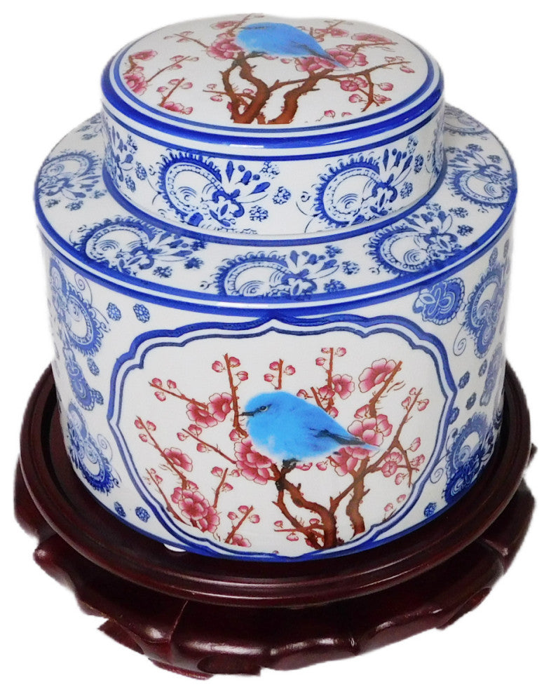 Decorative Blue and White Oriental Po Chu Round Jar