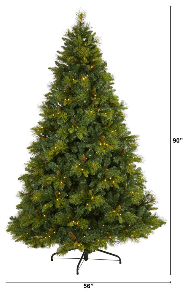 7.5' North Carolina Pine Faux Xmas Tree W/Lights, Bendable Branches & Pinecones