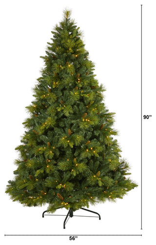 7.5' North Carolina Pine Faux Xmas Tree W/Lights, Bendable Branches & Pinecones