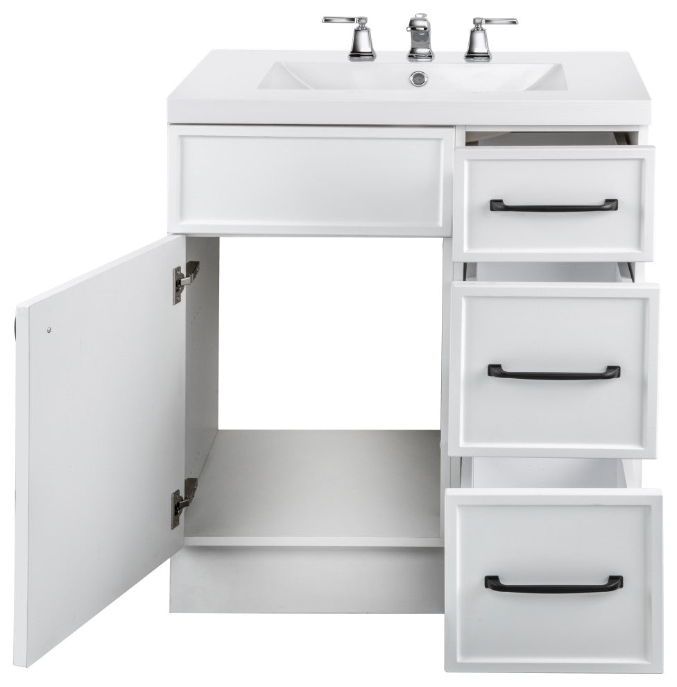 Manhattan Vanity, 1-Door 3-Drawer, White, 30", Single Bowl
