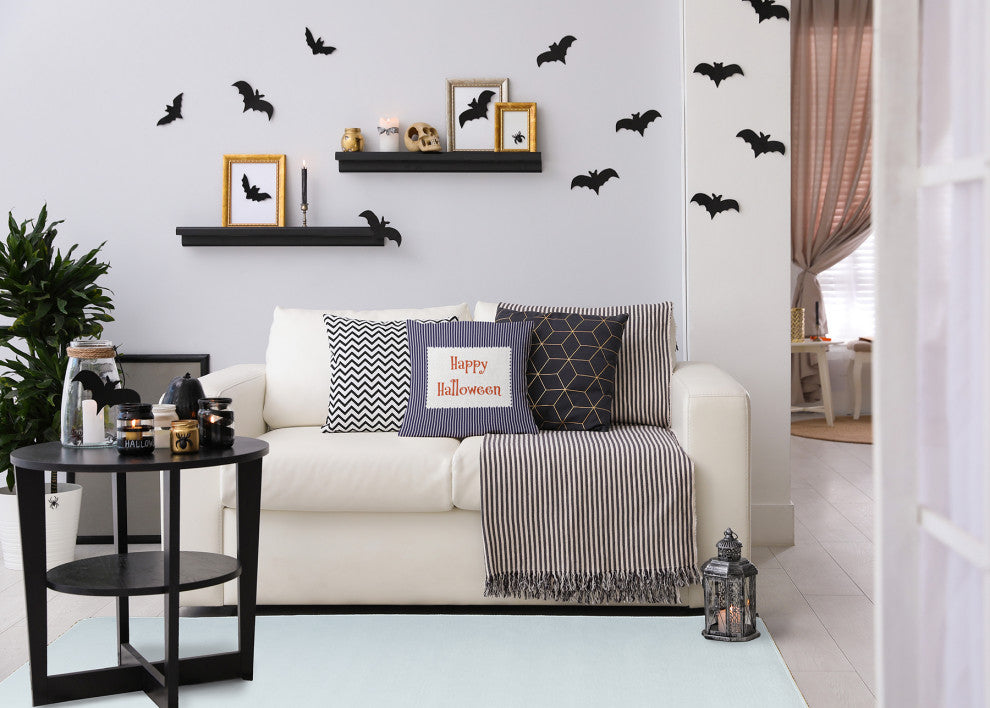 Happy Halloween Ticking Accent Pillow With Removable Insert, Navy, 20"x20"