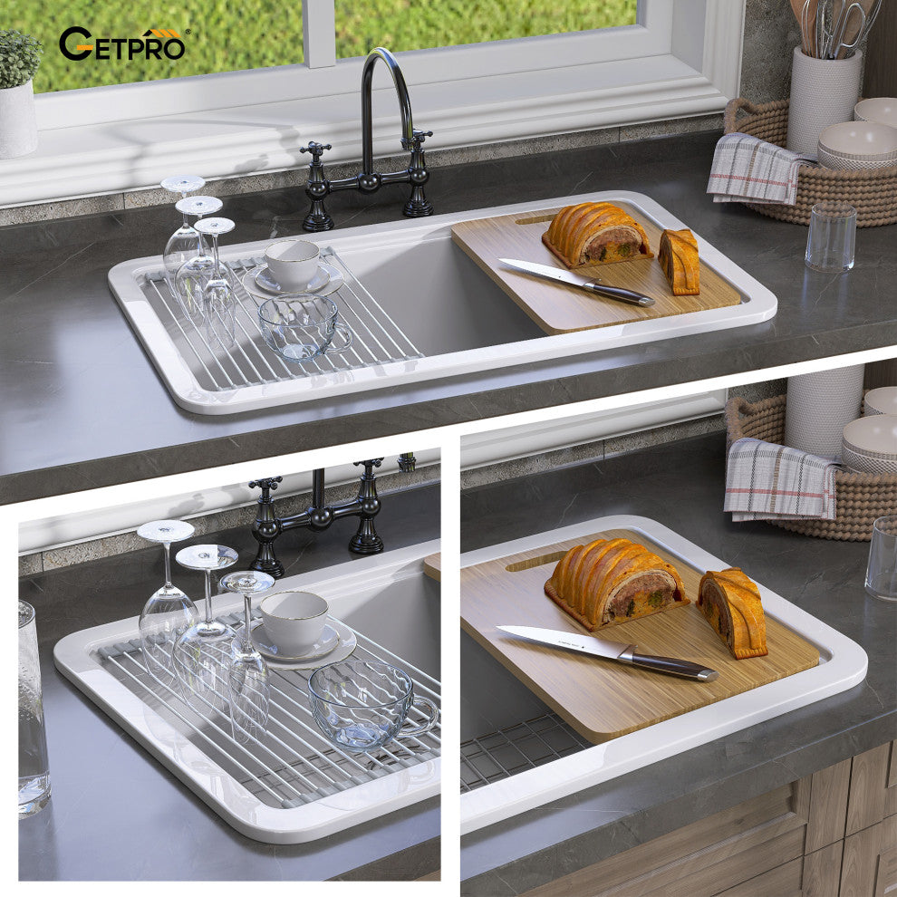 33"Lx18"W Drop-In/Undermount Single Bowl Farmhouse Kitchen Sink With Accessories