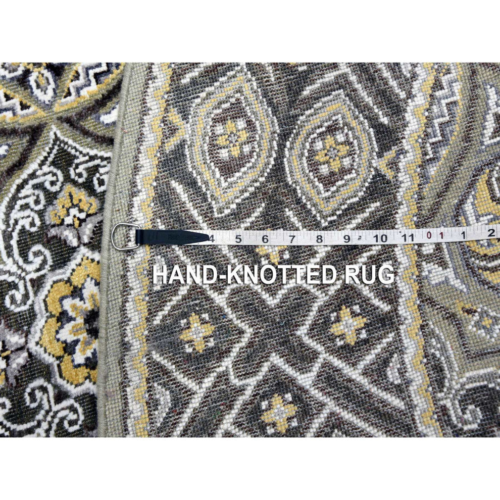 Taupe/Brown Wool Silk Mughal Inspired Hand/Knotted Round Rug, 6'1"x6'1"