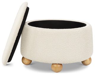 Tuffet Storage Ottoman, Performance Ivory Boucle With Honey Ball Feet