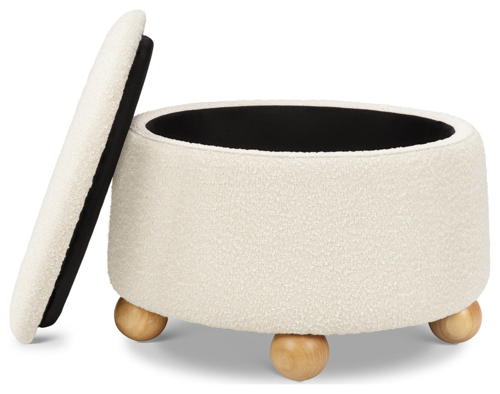 Tuffet Storage Ottoman, Performance Ivory Boucle With Honey Ball Feet