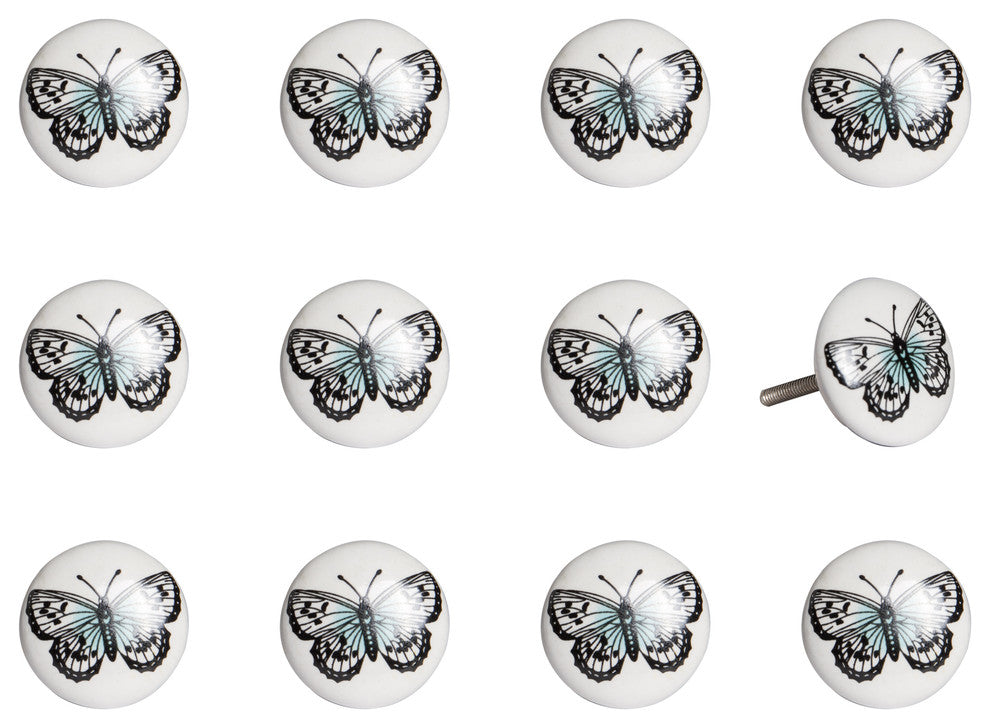 Knob-It Vintage Handpainted Ceramic Knobs, Set of 12, White/Black/Blue