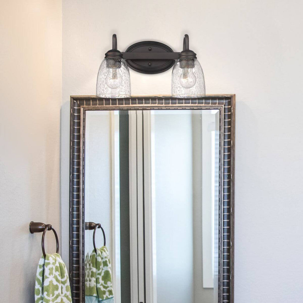 2 Light 14" Bath Vanity Light, Rubbed Bronze With Seeded Glass