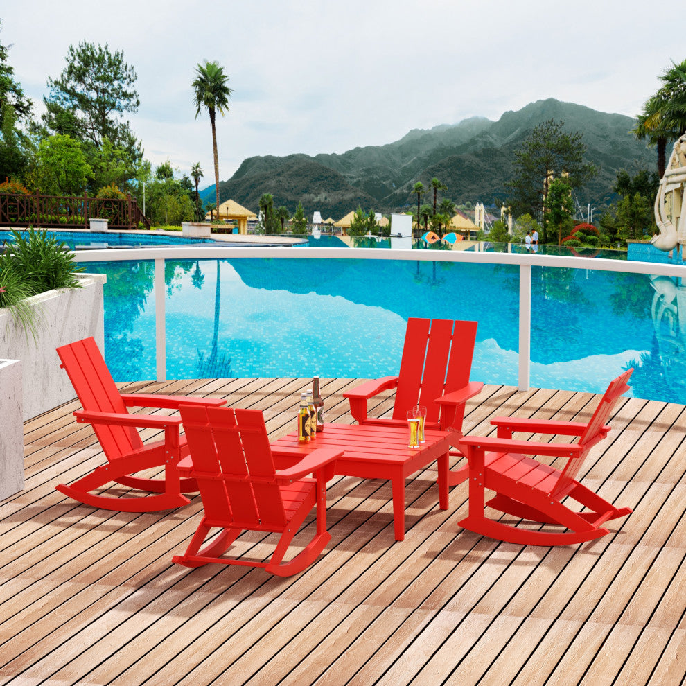WestinTrends 5PC Outdoor Patio Adirondack Rocking Chairs, Accent Table Set, Red