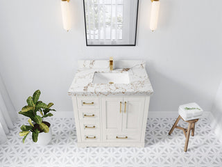 Boston 36" Center Sink Bath Vanity in Alabaster 2" Viola Gold