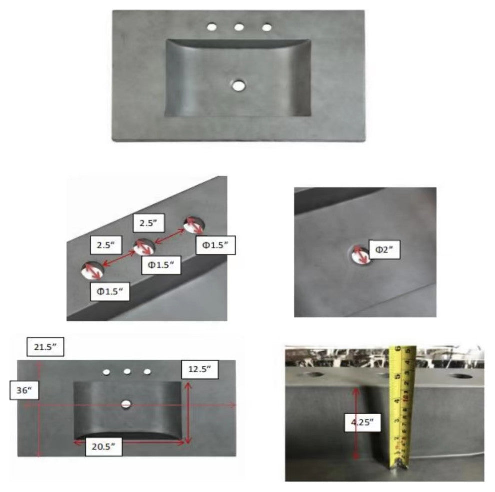 36" Single Bathroom Cement Vanity Top with Sink