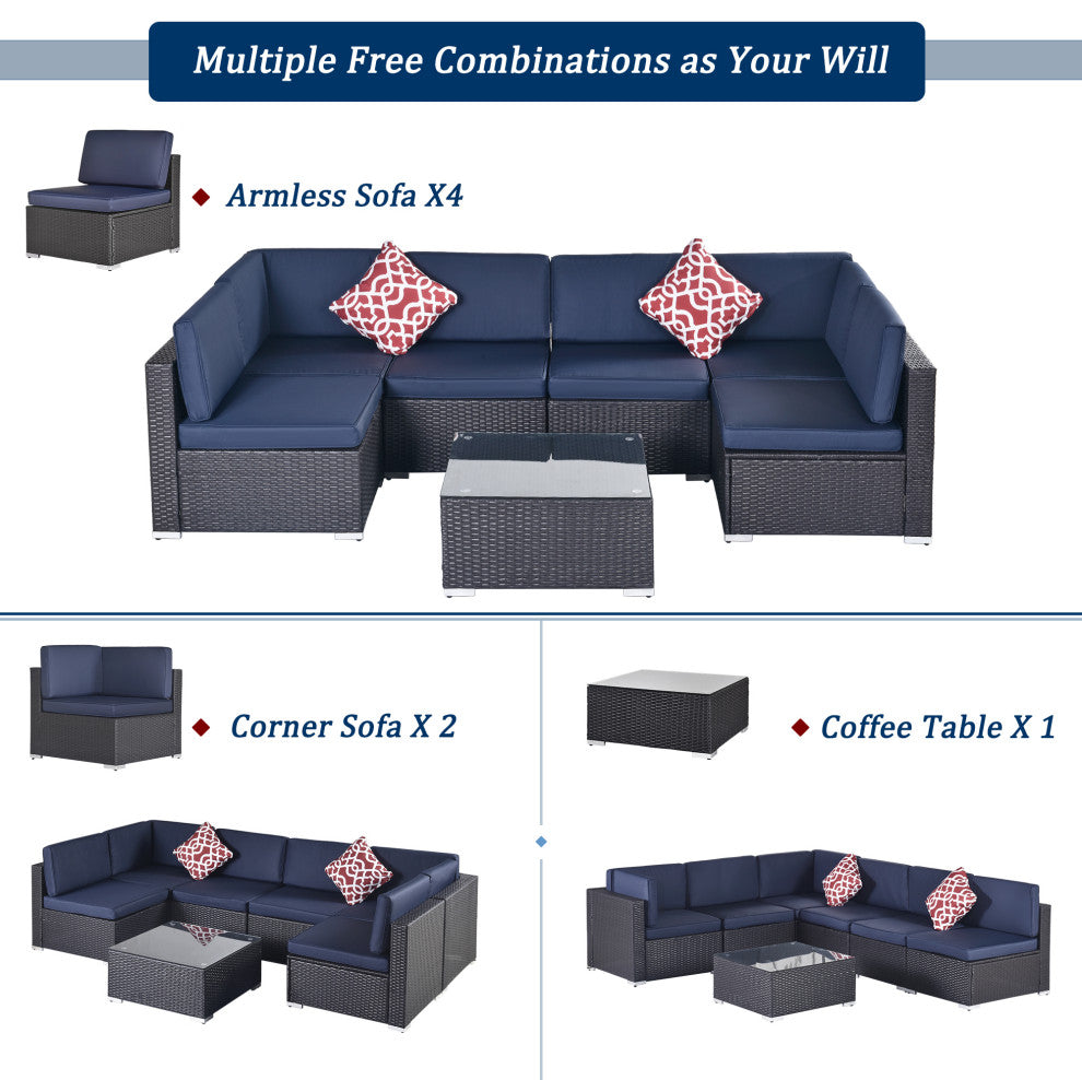 7 Pieces Outdoor Wicker U-Shaped Patio Sectional With Cushions, Dark Blue