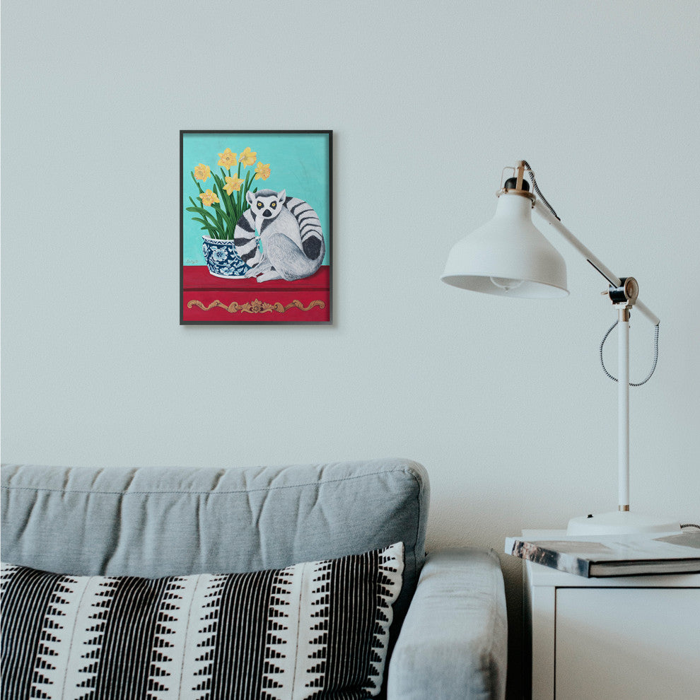 Lemur and Daffodil Flower Vase Blue Red Animal Painting, 11"x14"