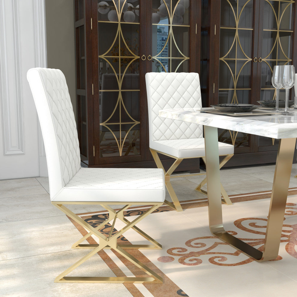 Dochic Modern White Leather Dining Room Chair Upholstered Gold Legs (Set of 2)