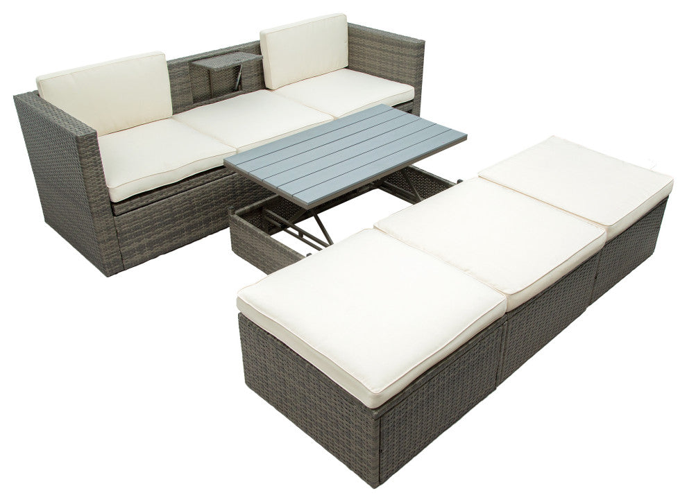 5-Piece Outdoor Wicker Patio Sofa with Ottomans and Lift Top Coffee Table, Gray