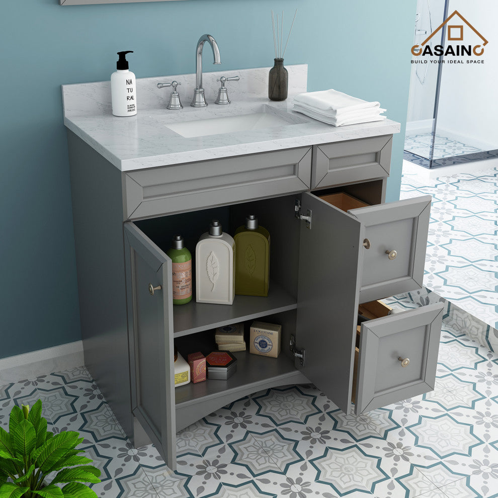 CASAINC 36" Marble Top Modern Single Sink Bathroom Vanity, Gray
