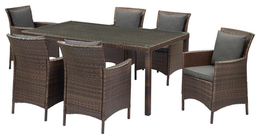 Side Dining Chair and Table Set, Rattan, Wicker, Brown Gray, Outdoor
