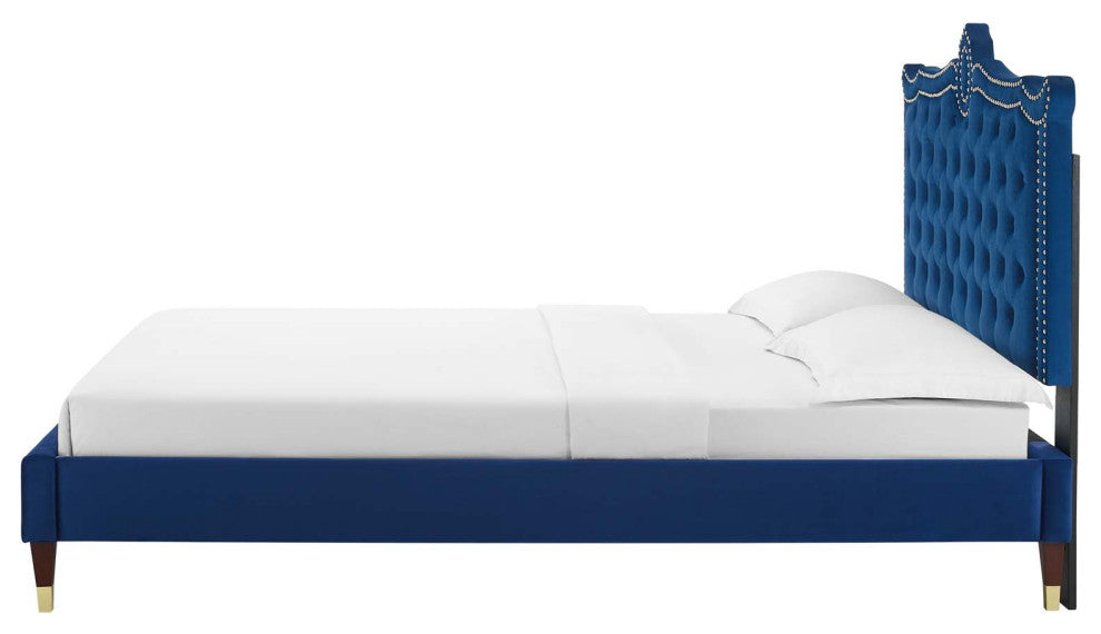 Platform Bed Frame, Nailhead, Queen Size, Blue Navy, Velvet, Modern
