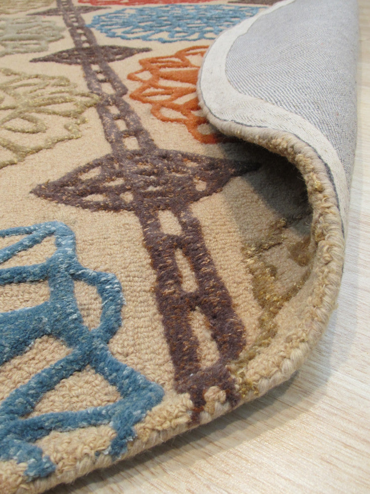 Hand-tufted Wool Beige Transitional Geometric Matrix Rug, 6' Round