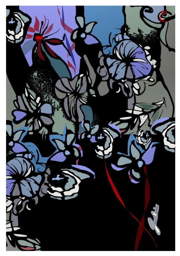 "Stained Glass Garden with Redribbons" Paper Print by Joan Elan Davis, 14"x20"