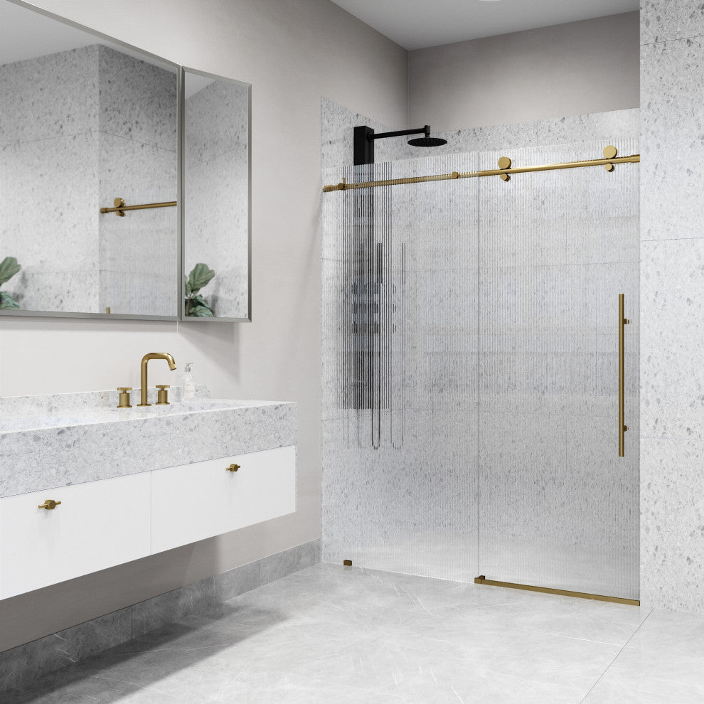 VIGO Elan E-Class 56" to 60" W x 76" H Frameless Sliding Shower Door, Matte Brushed Gold, Fluted Glass, Right