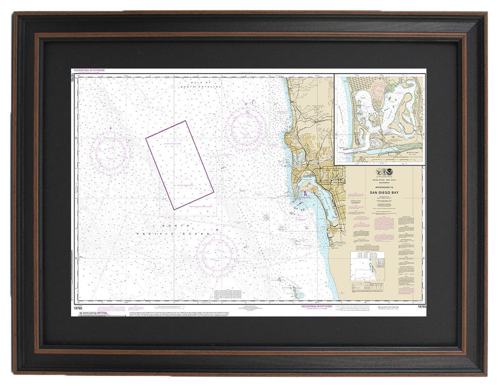 Framed Nautical Chart; Approaches to San Diego and Mission Bay