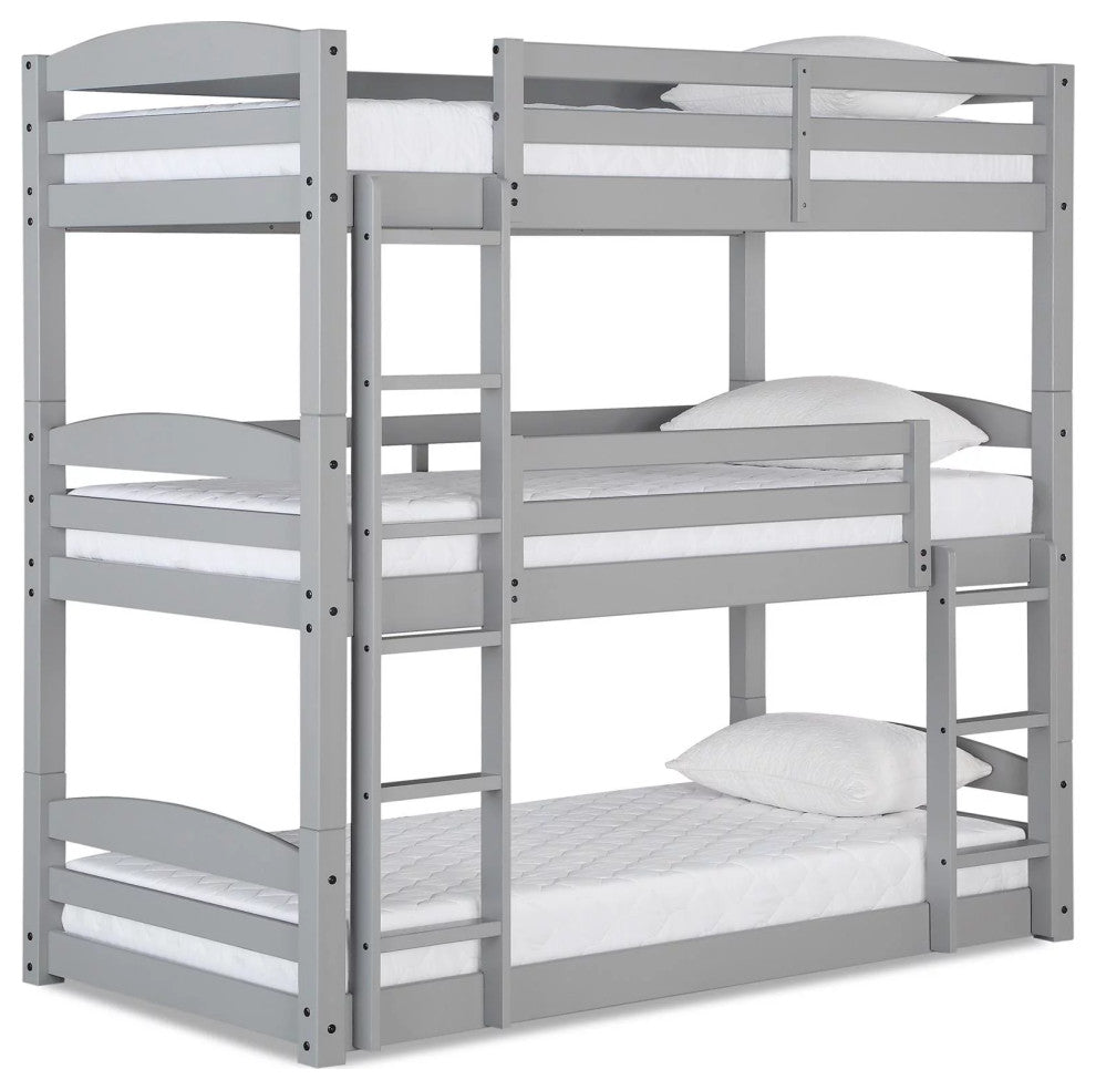 Transitional Triple Floor Bunk Bed, Safety Guardrails & Integrated Ladder, Gray