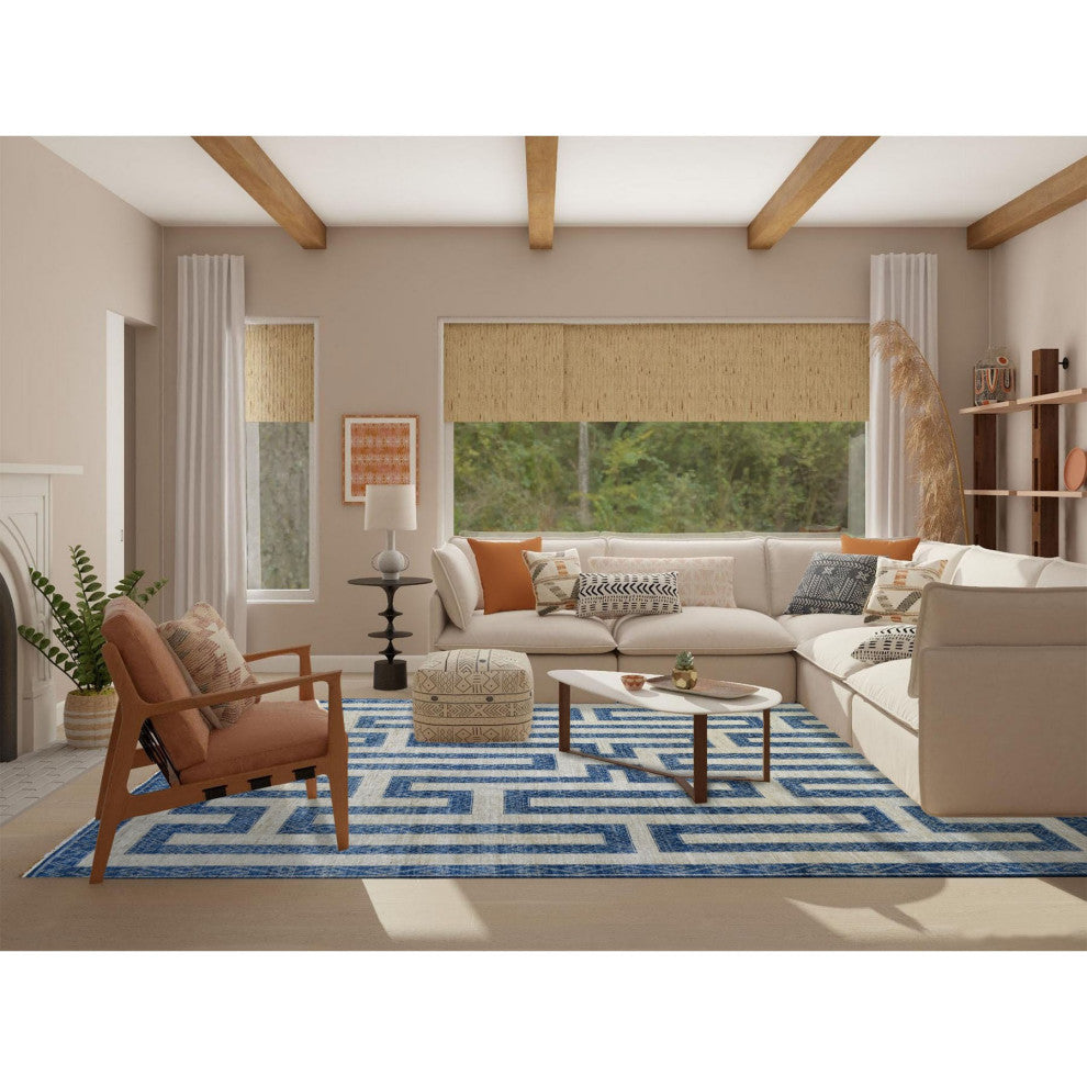 Denim Blue Maze Design With Berber Influence Hand Knotted Wool Rug, 9'2"x11'9"