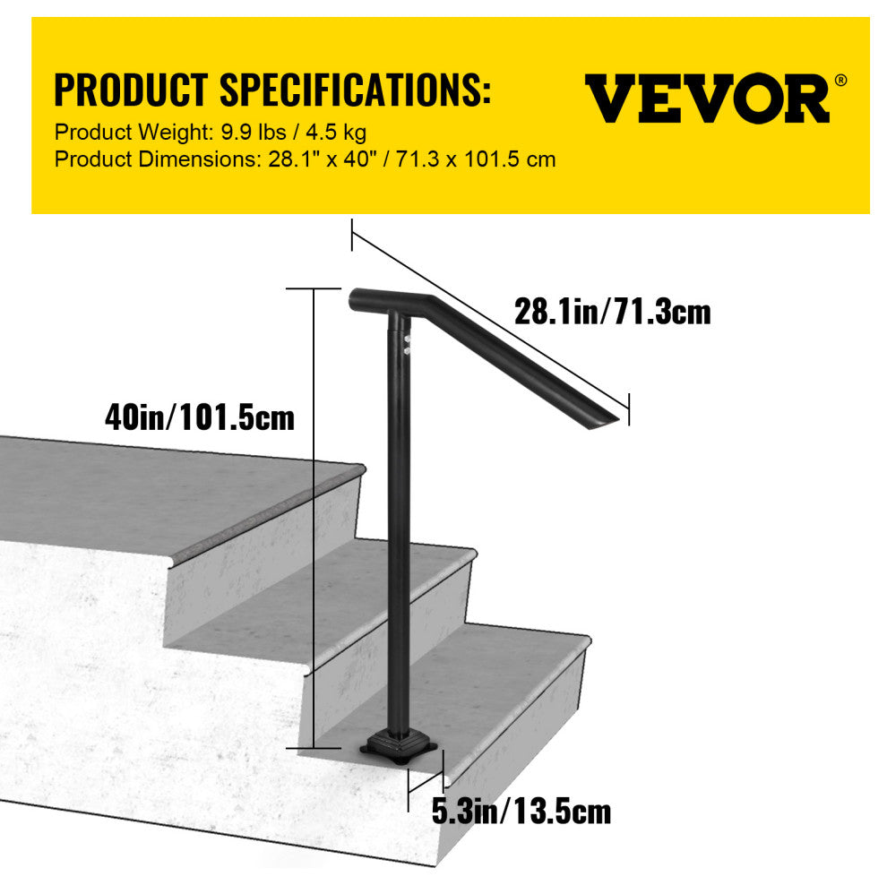 VEVOR 1-3 Step Handrail Railing for Steps Steel 330LBS Capacity with Screw Kit