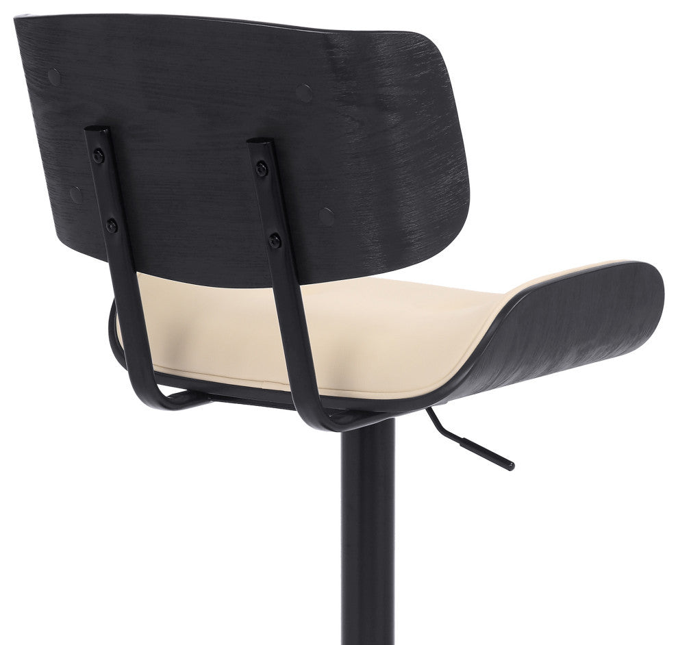 Brooklyn Adjustable Swivel Faux Leather and Wood Bar Stool With Metal Base, Cream and Black