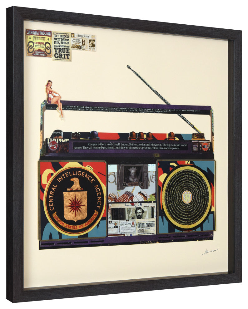 "Cia Boombox"Dimensional Collage, Under Glass, A Shadow Box Frame