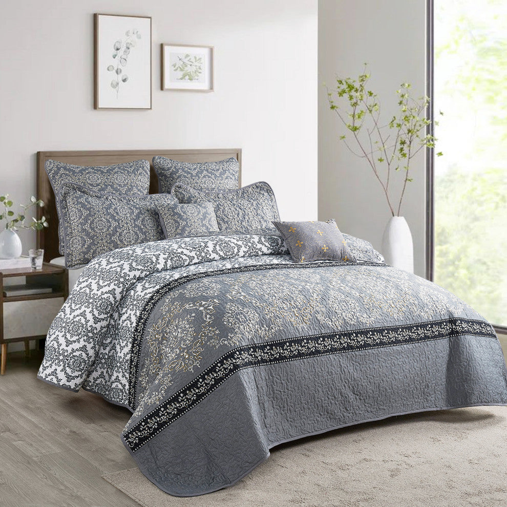 Mystic Quilted 7-Piece Bed Spread Set, Charcoal, Queen