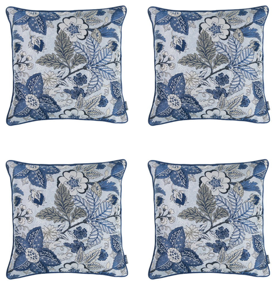 Set Of Four 17'' X 17'' Blue And Beige Floral Polyester Throw Pillow Cover