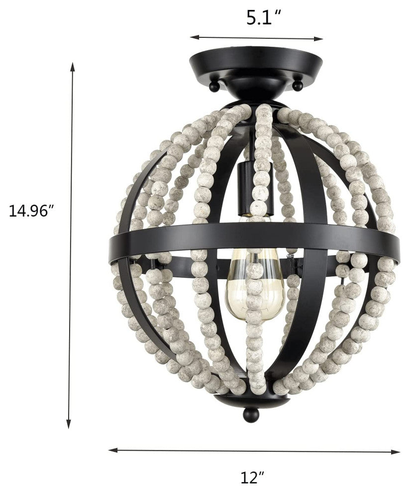 Vintage Globe Semi Flush Mount Lighting, Boho, Wood Ceiling Light Fixture