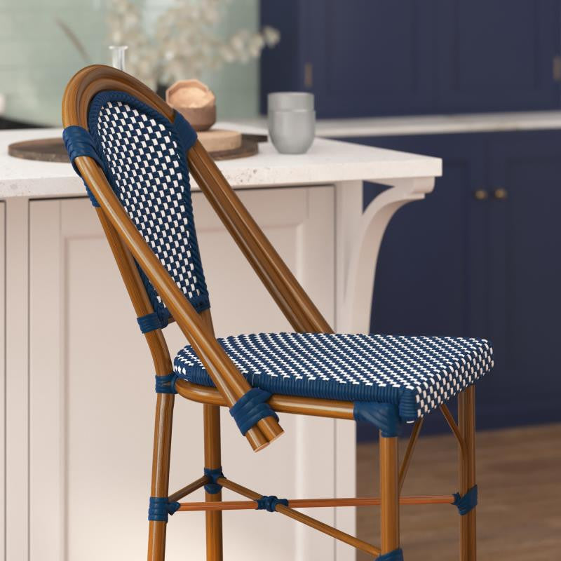 Set of 2 Stackable Indoor/Outdoor French Bistro 30" High Bar Stools, Navy & White/Natural Frame