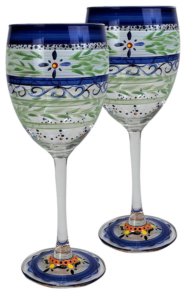 Blue Floral Wine Glasses, Set of 2