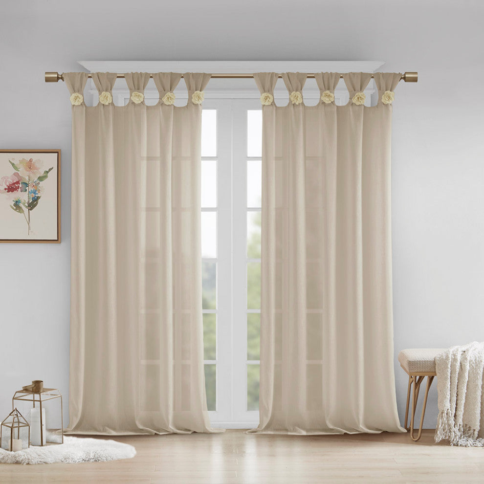 Madison Park Rosette Floral Embellished Cuff Tab Top Solid Curtain Panel