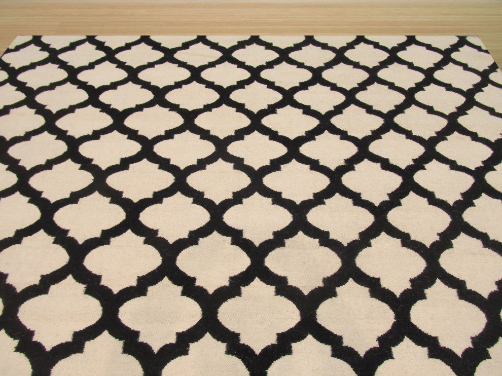 Handmade Wool Black Transitional Trellis Reversible Rug, 8'x10'