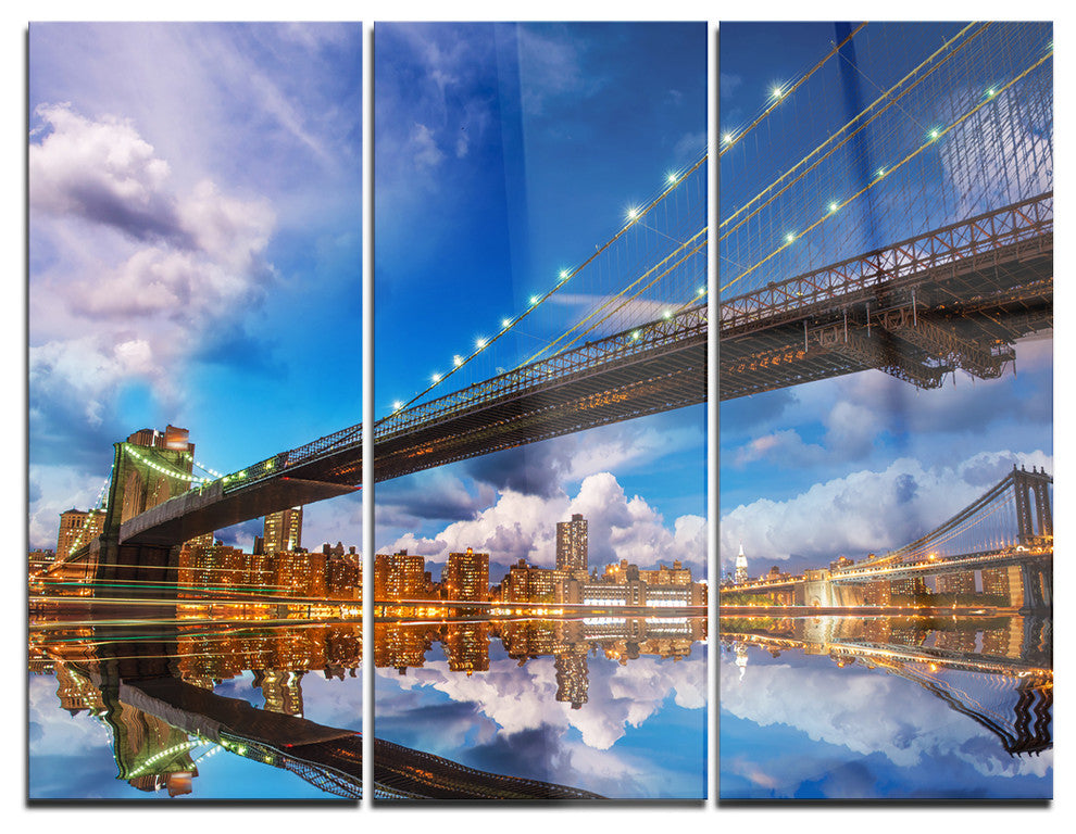 "Sunset Over Brooklyn Bridge" Photo Metal Wall Art, 3 Panels, 36"x28"