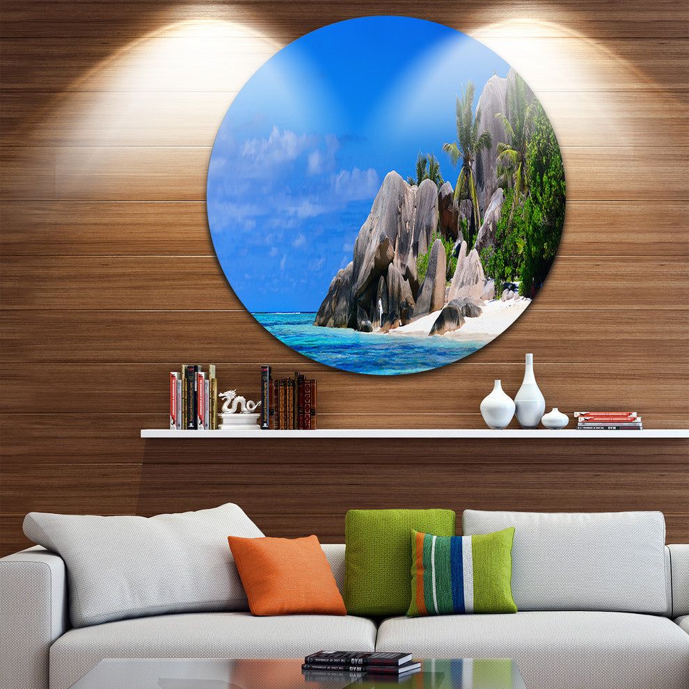 Seychelles Beach Panorama, Landscape Photo Round Metal Wall Art, 23"
