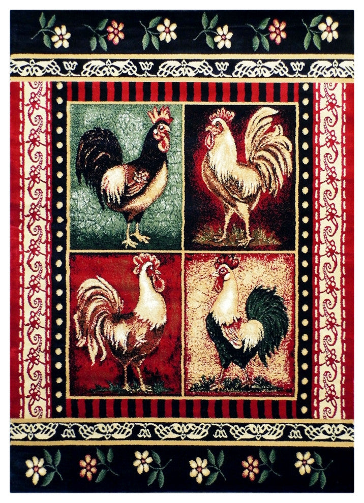 Angie Collection Rectangle 5' x 7' Red Rooster Themed Area Rug